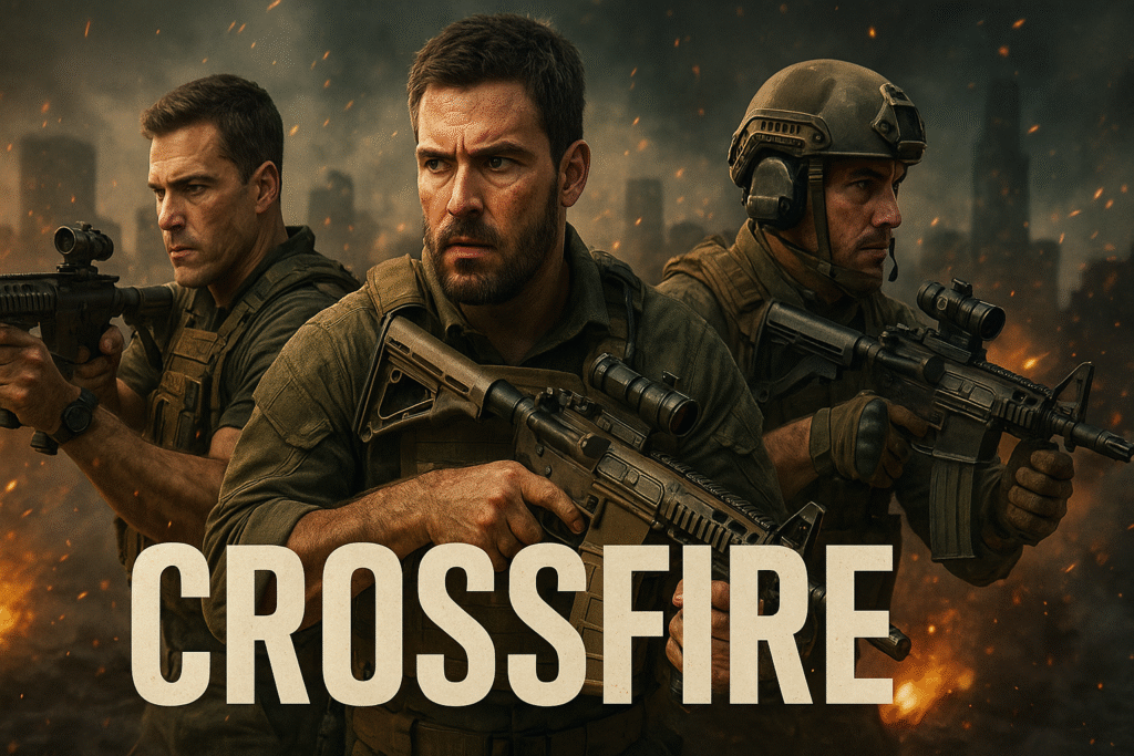 The film includes major SEO topics such as Crossfire 2026 movie updates, Hollywood action thriller 2026, upcoming war movies, military survival cinema, espionage movies, action films with tactical combat, and cinematic warfare storytelling.